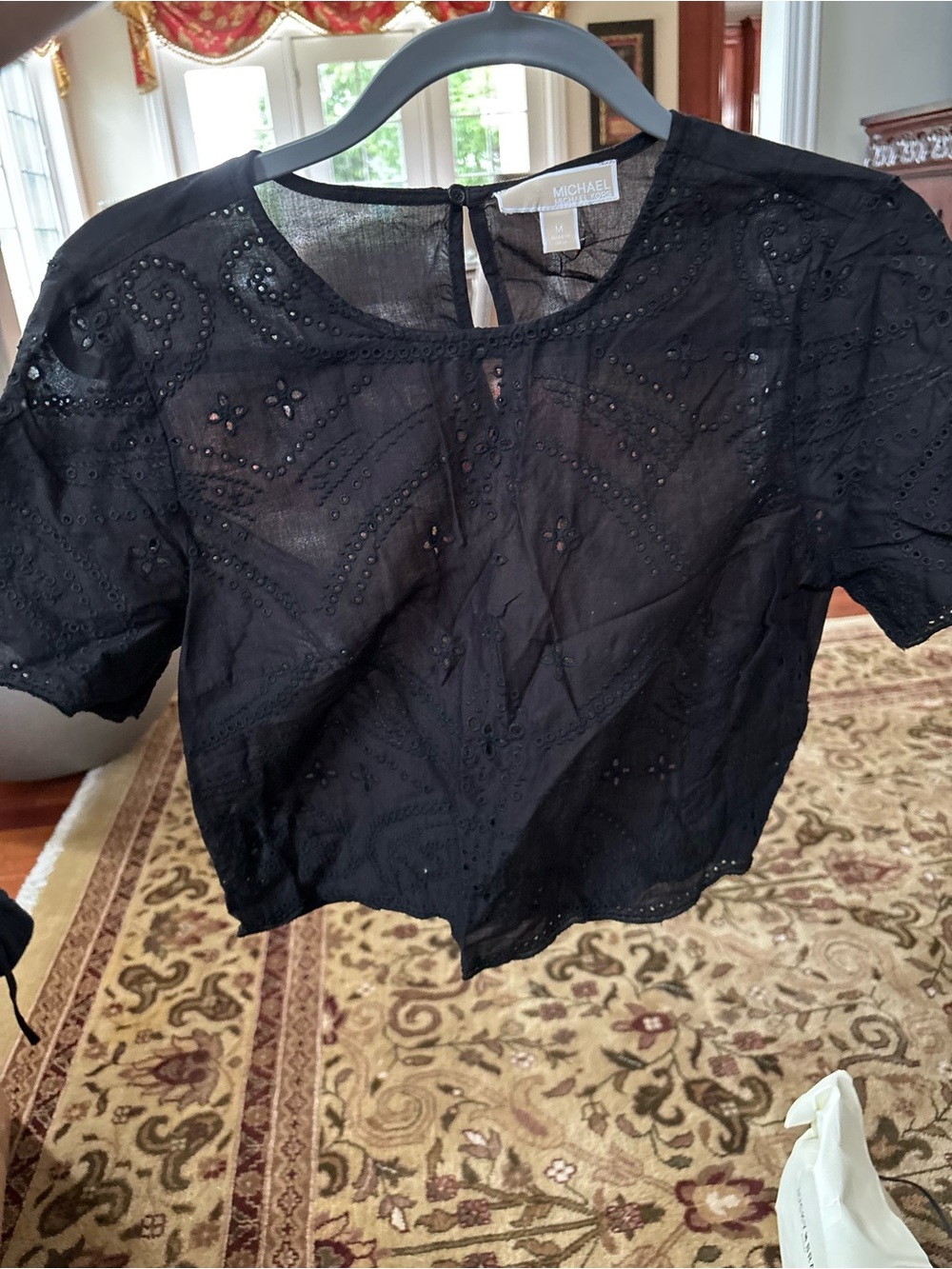 MICHAEL Michael Kors Black Embroidered Short Sleeve Crop Top